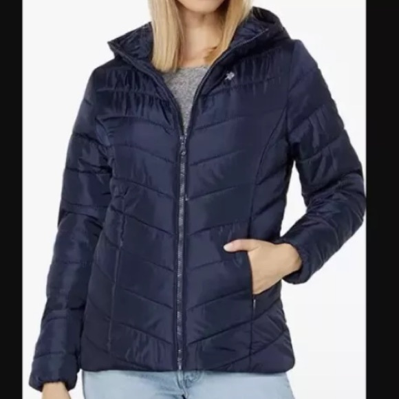 U.S. Polo Assn Puffer Jacket Hooded Women’s XL Navy Faux Fur Lining - Picture 1 of 9
